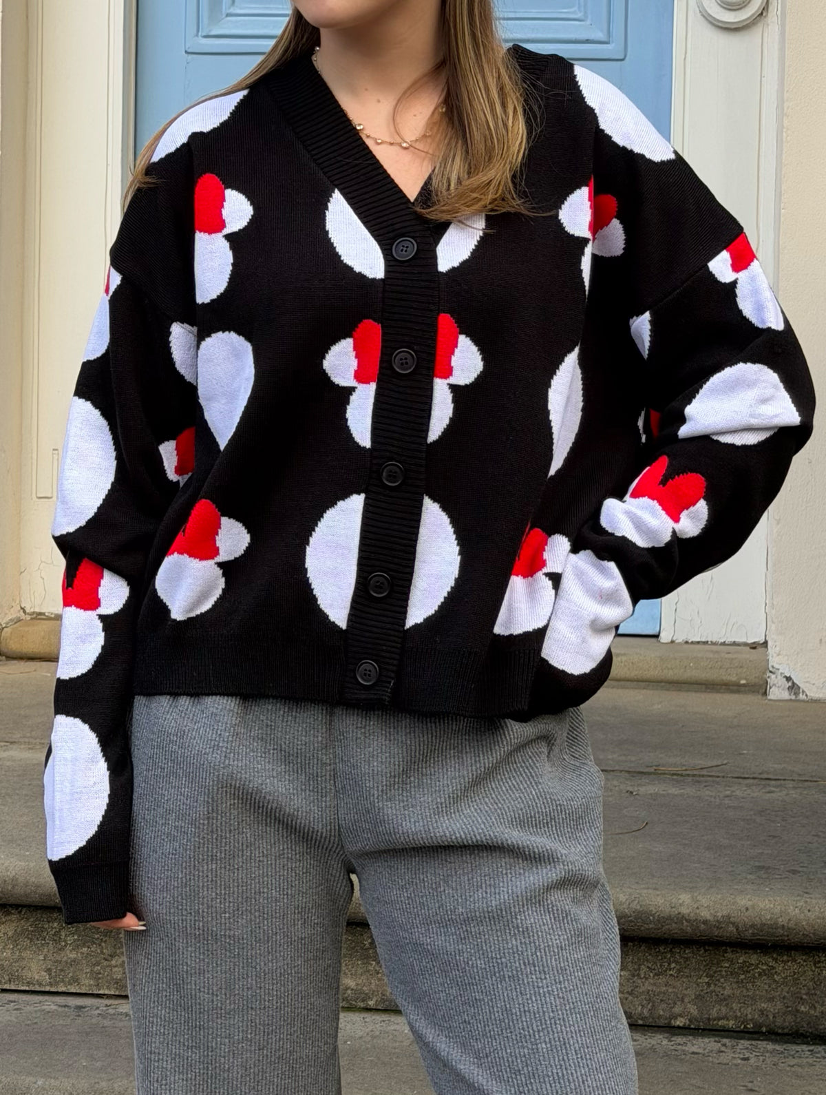 Disney Minnie Mouse Head Polka Dot Knitted Cardigan in Black