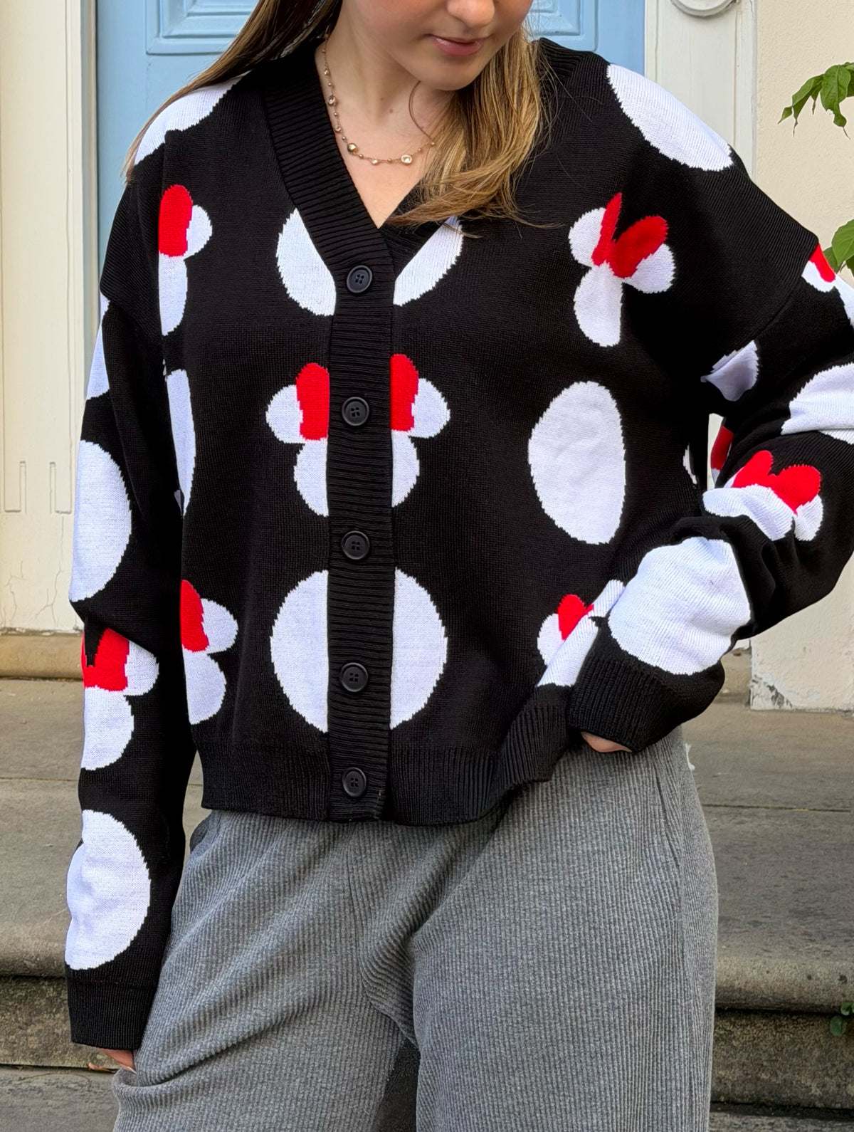 Disney Minnie Mouse Head Polka Dot Knitted Cardigan in Black