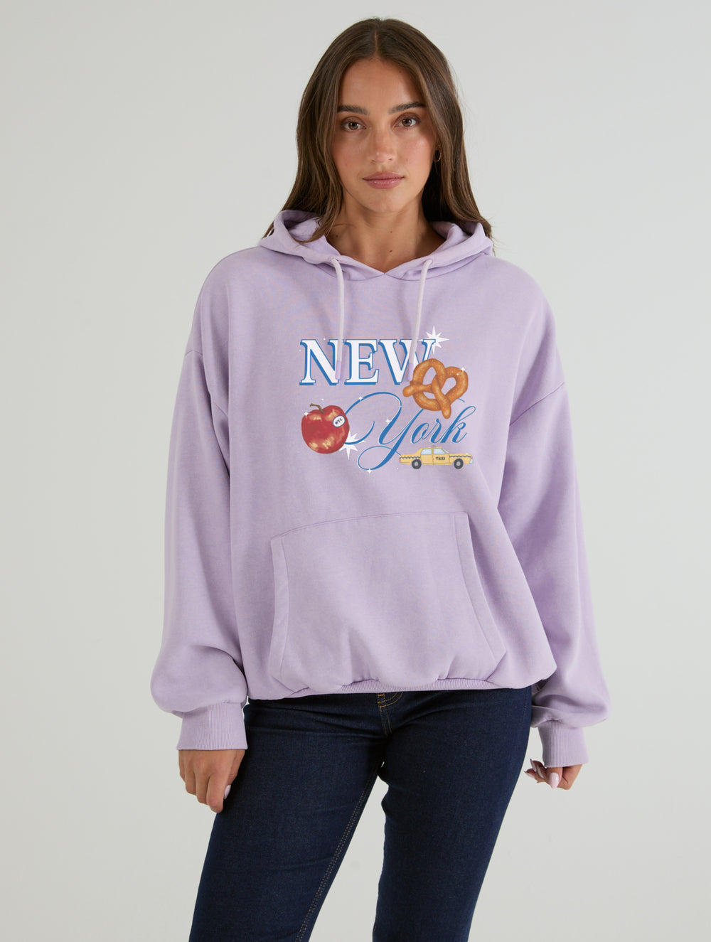 New York Poster Hoodie In Lilac Acid Wash