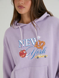 New York Poster Hoodie In Lilac Acid Wash