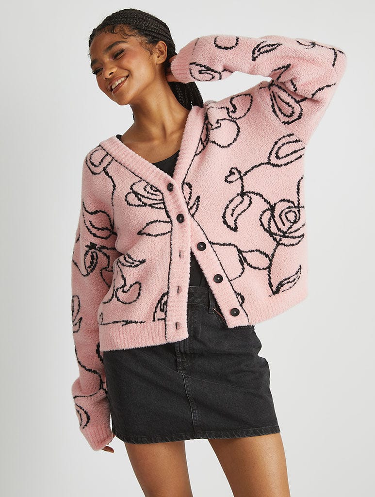 Abstract Line Knitted Cardigan in Black & Pink Jumpers & Cardigans Skinnydip London