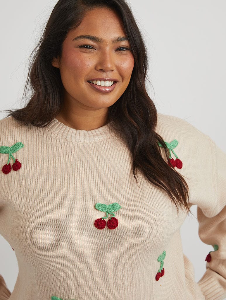 Applique Crochet Cherry Knitted Jumper in Cream Jumpers & Cardigans Skinnydip London