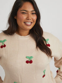 Applique Crochet Cherry Knitted Jumper in Cream Jumpers & Cardigans Skinnydip London