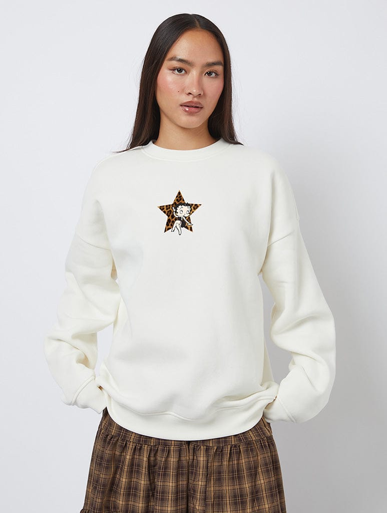 Betty Boop x Skinnydip Leopard Star Sweatshirt In White Hoodies & Sweatshirts Skinnydip London
