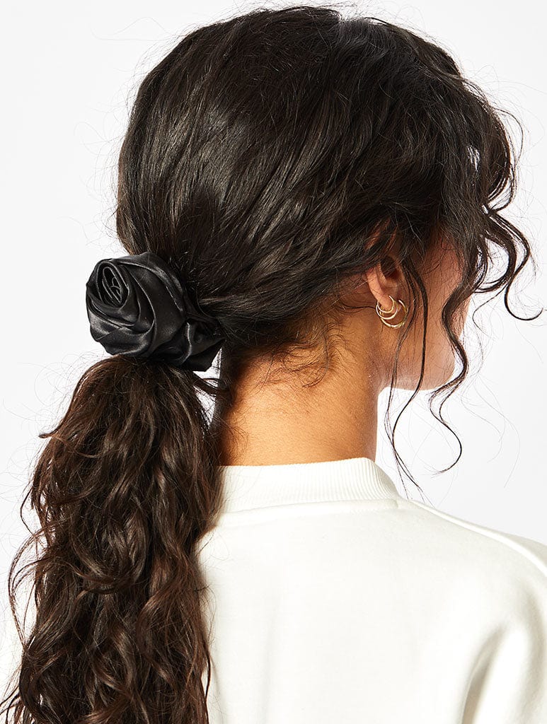 Black Satin Rose Scrunchie Hair Accessories Skinnydip London