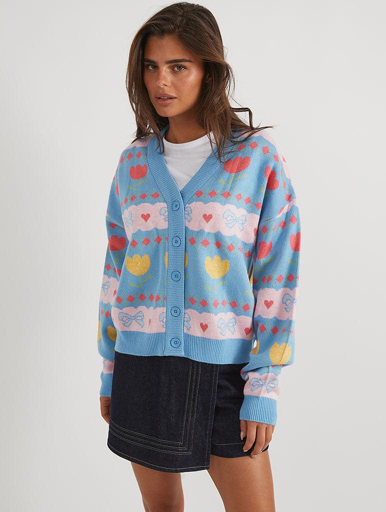 Bow and Tulip Blue Knitted Cardigan Jumpers & Cardigans Skinnydip London