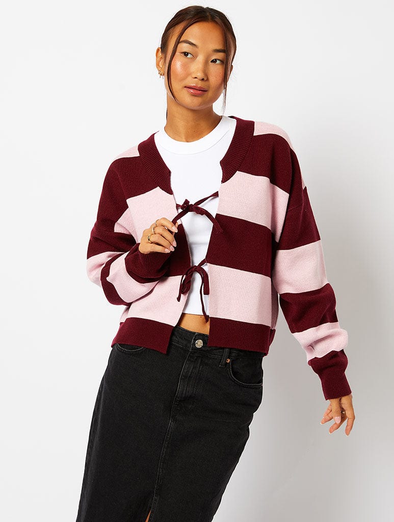 Bow Knitted Cardigan in Pink Burgundy Stripe Coquette Knitwear