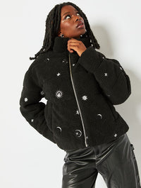 Celestial Embroidered Borg Puffer Jacket Coats & Jackets Skinnydip London