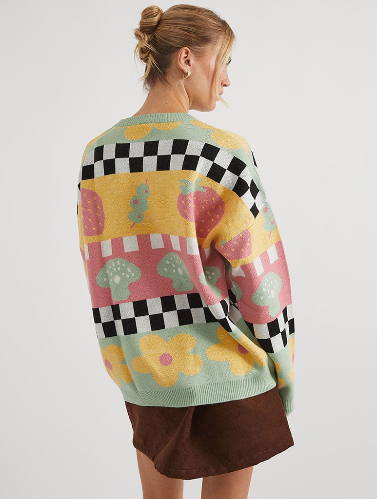 Checkerboard Strawberry and Olive Knitted Jumper Jumpers & Cardigans Skinnydip London