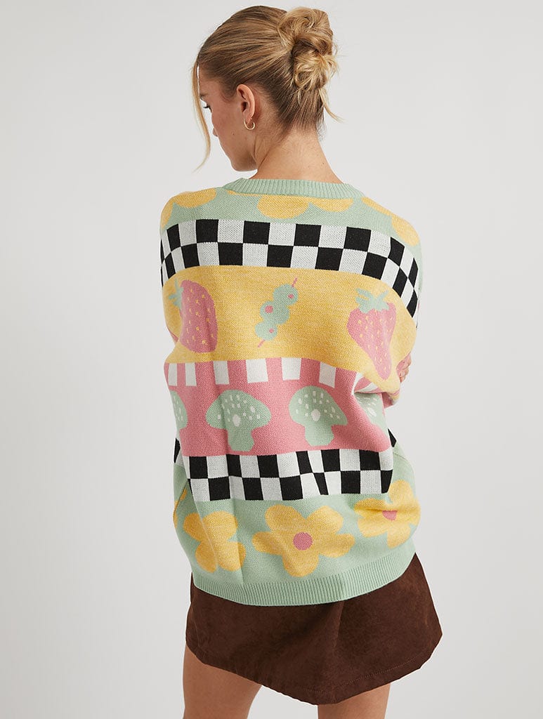 Checkerboard Strawberry and Olive Knitted Jumper Jumpers & Cardigans Skinnydip London