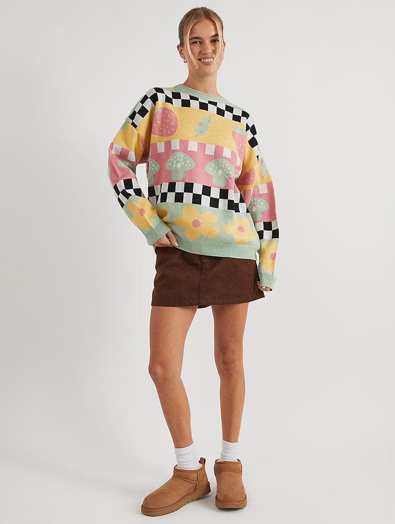 Checkerboard Strawberry and Olive Knitted Jumper Jumpers & Cardigans Skinnydip London