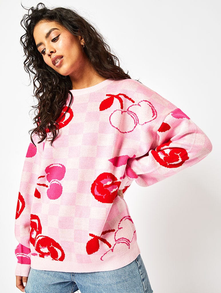 Cherry Checkerboard Knit Jumper in Pink Shop Cherry Print