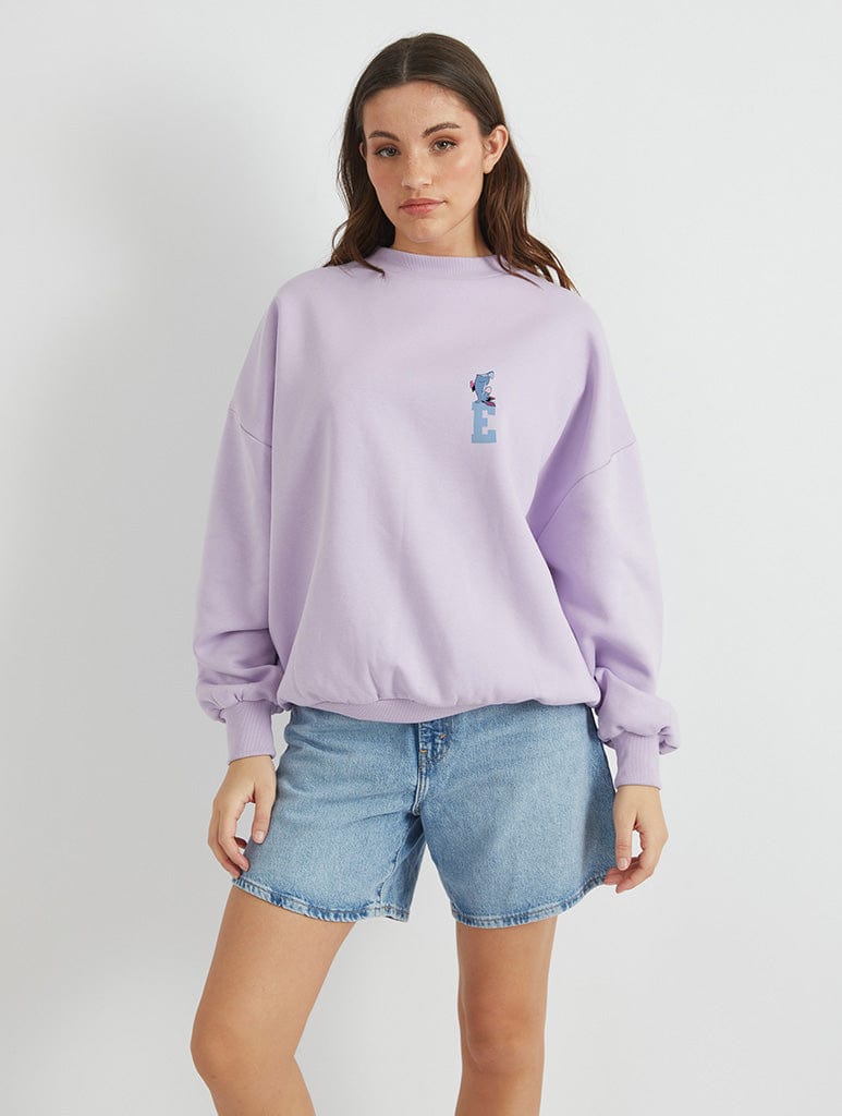 Disney Eeyore Varsity Sweatshirt In Lilac Hoodies & Sweatshirts Skinnydip London