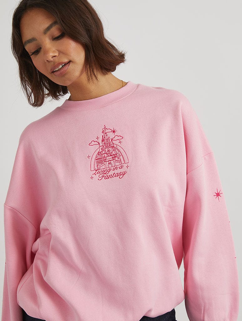 Disney Embroidered Castle Sweatshirt in Pink Hoodies & Sweatshirts Skinnydip London