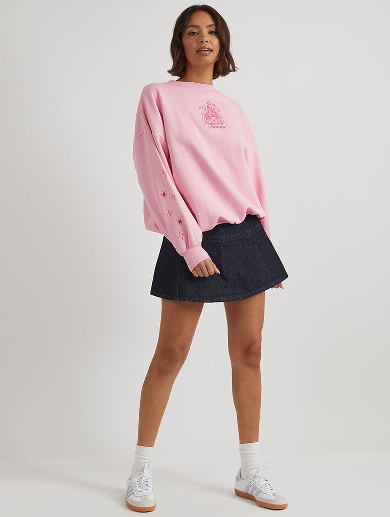 Disney Embroidered Castle Sweatshirt in Pink Hoodies & Sweatshirts Skinnydip London