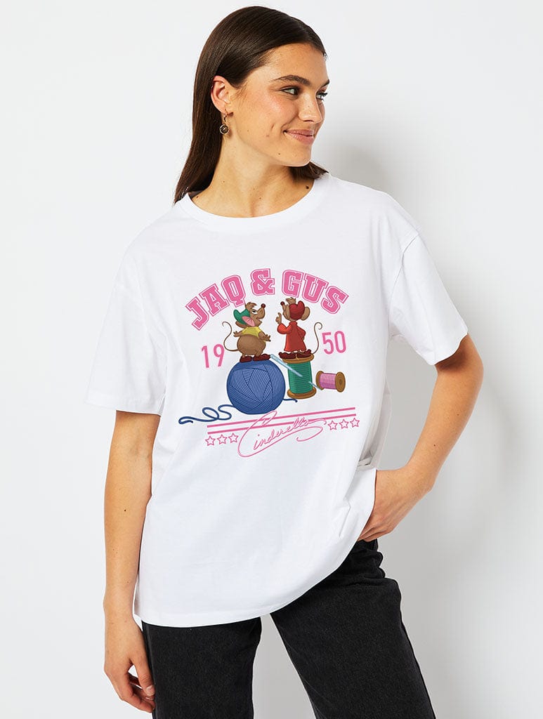 Disney Jaq & Gus Varsity T-Shirt in White Tops & T-Shirts Skinnydip London
