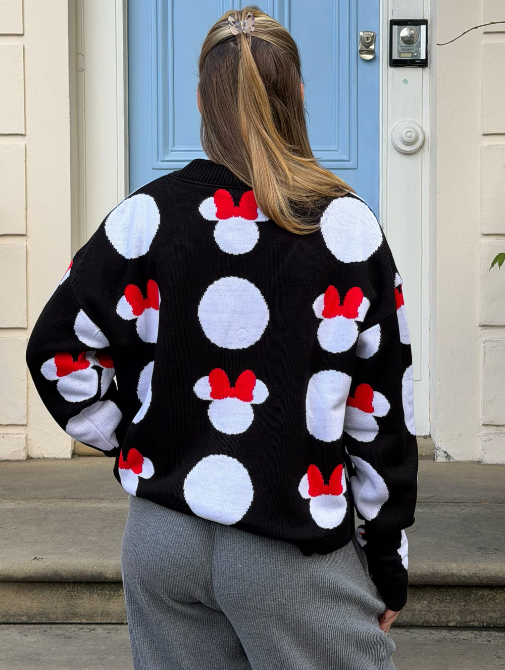 Disney Minnie Mouse Head Polka Dot Knitted Cardigan in Black Jumpers & Cardigans Skinnydip London