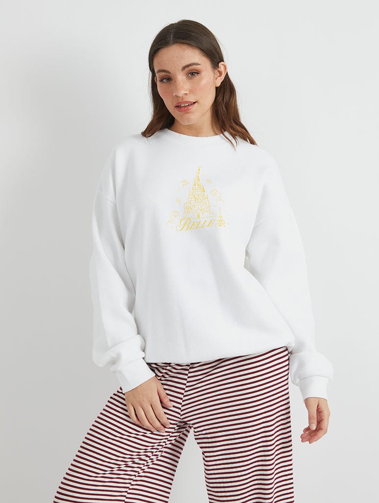 Disney Princess Castle Belle Sweatshirt in White Hoodies & Sweatshirts Skinnydip London