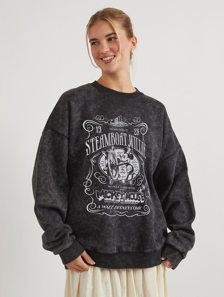 Disney Steamboat Willie Sweatshirt In Acid Wash Hoodies & Sweatshirts Skinnydip London