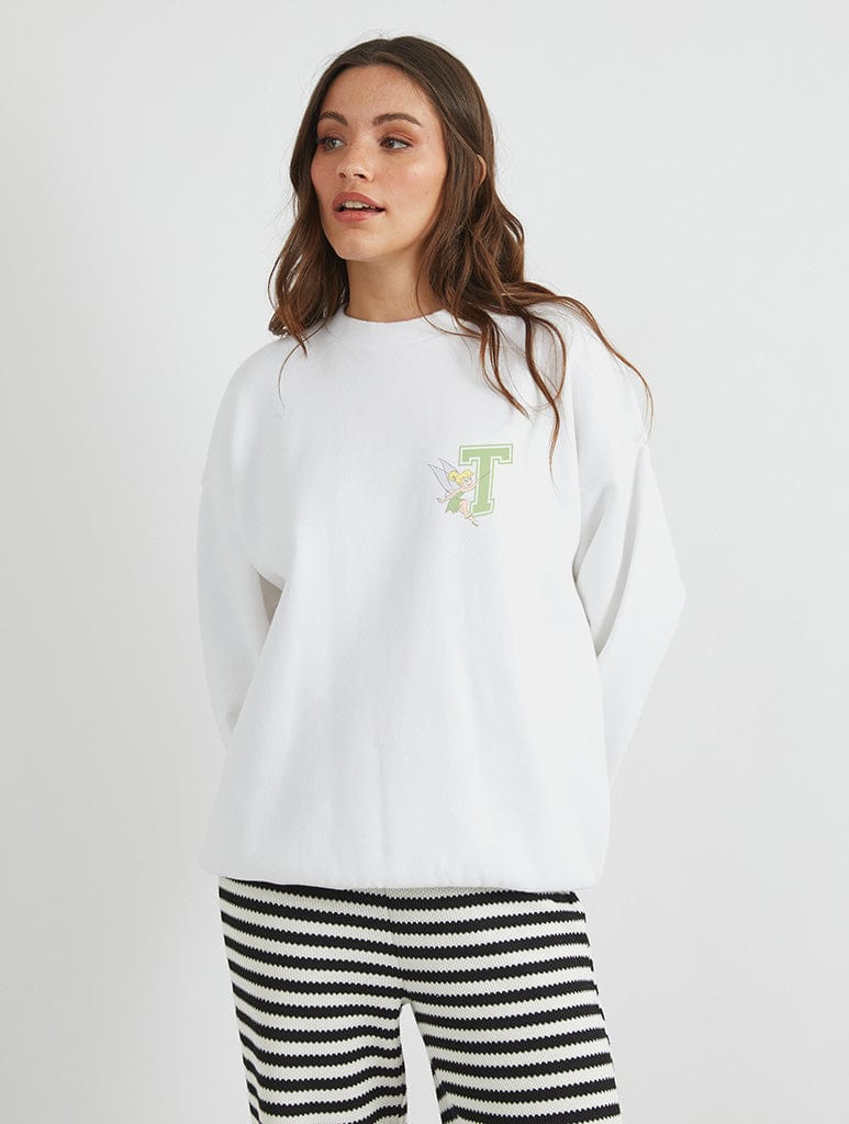 Disney Tinker Bell Varsity Sweatshirt In White Hoodies & Sweatshirts Skinnydip London