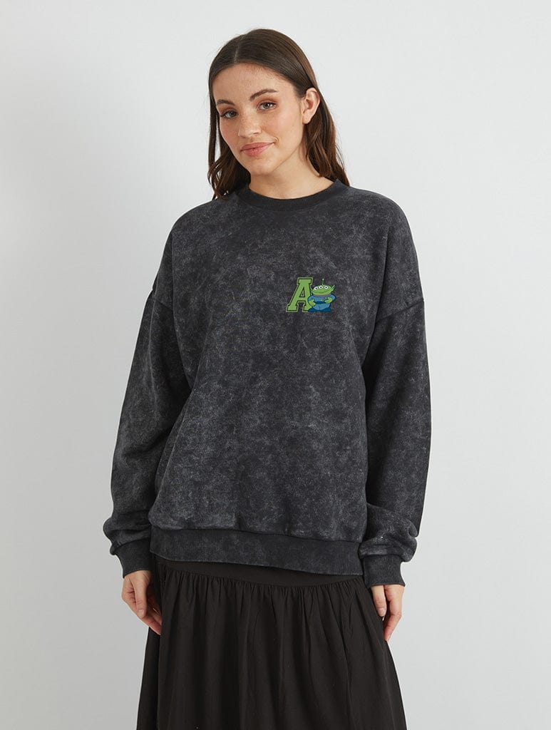 Disney Toy Story Aliens Varsity Sweatshirt In Acid Wash Hoodies & Sweatshirts Skinnydip London