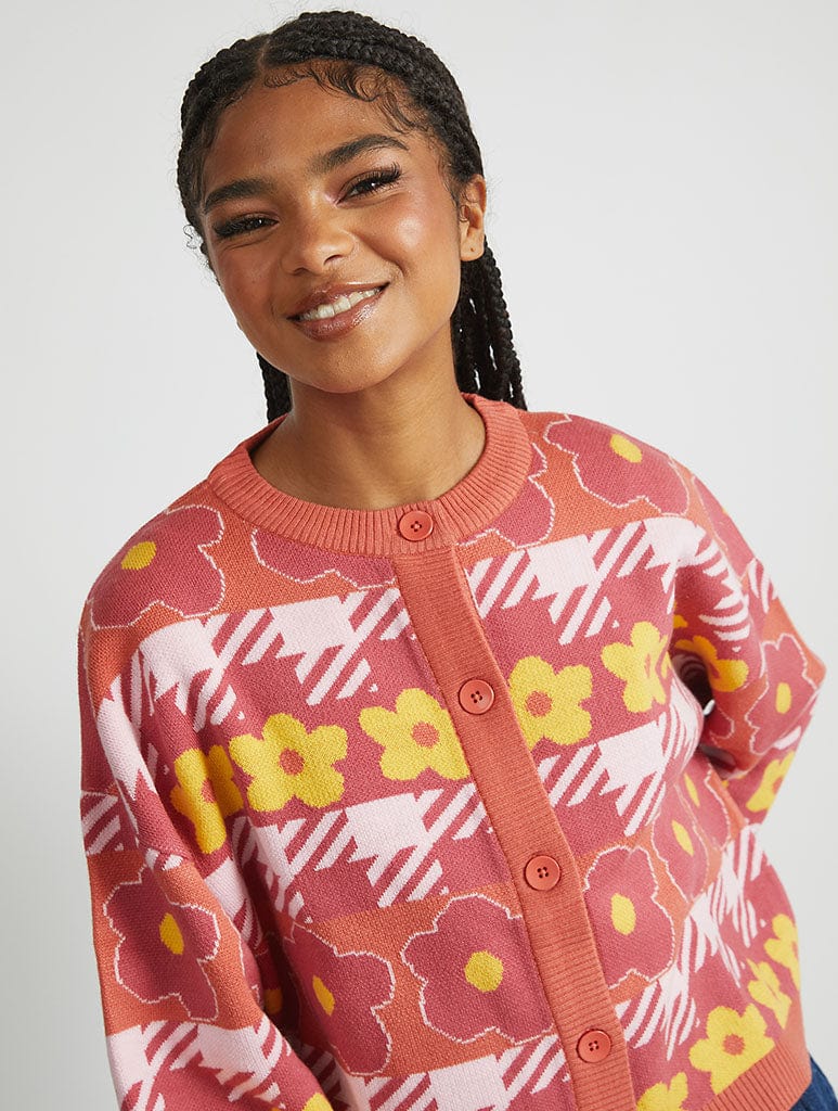 Dogstooth Flower Knitted Cardigan Jumpers & Cardigans Skinnydip London