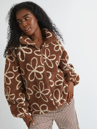 Doodle Flower Borg Jacket in Brown Coats & Jackets Skinnydip London