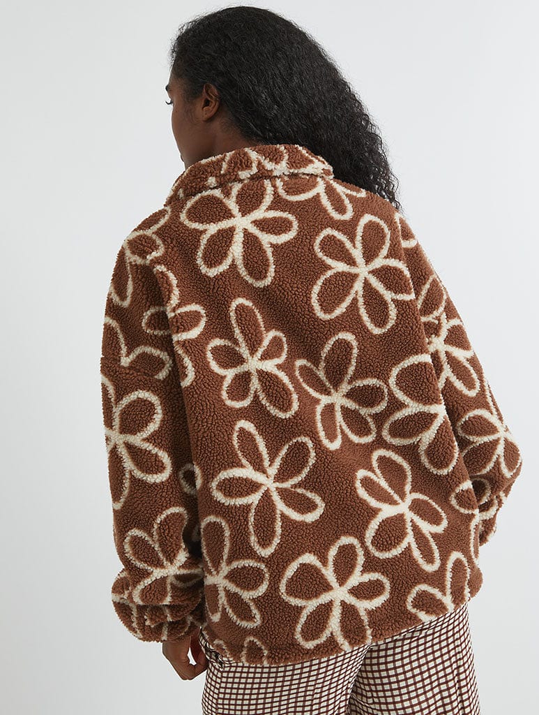 Doodle Flower Borg Jacket in Brown Coats & Jackets Skinnydip London
