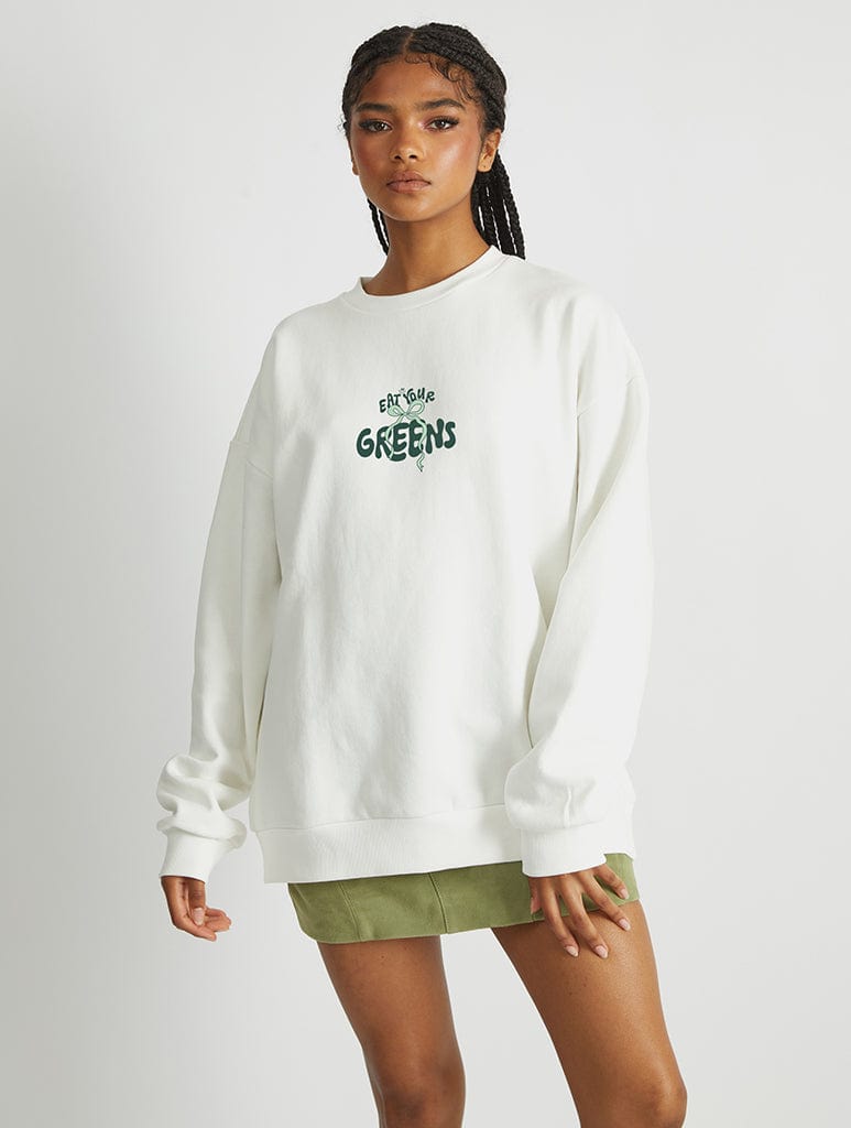Eat Your Greens Sweatshirt In White Hoodies & Sweatshirts Skinnydip London