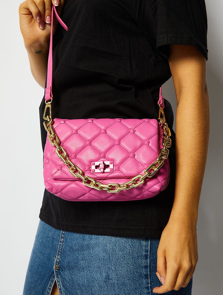 Farah Pink Studded Quilt Chain Shoulder Bag Bags Skinnydip London