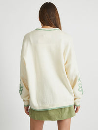 Floral Applique Knitted Jumper in Cream & Sage Jumpers & Cardigans Skinnydip London