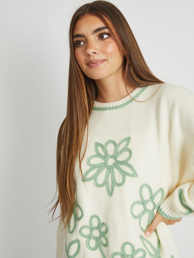 Floral Applique Knitted Jumper in Cream & Sage Jumpers & Cardigans Skinnydip London
