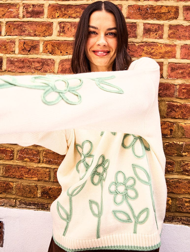 Floral Applique Knitted Jumper in Cream & Sage Jumpers & Cardigans Skinnydip London