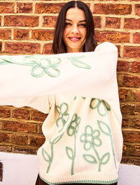 Floral Applique Knitted Jumper in Cream & Sage Jumpers & Cardigans Skinnydip London