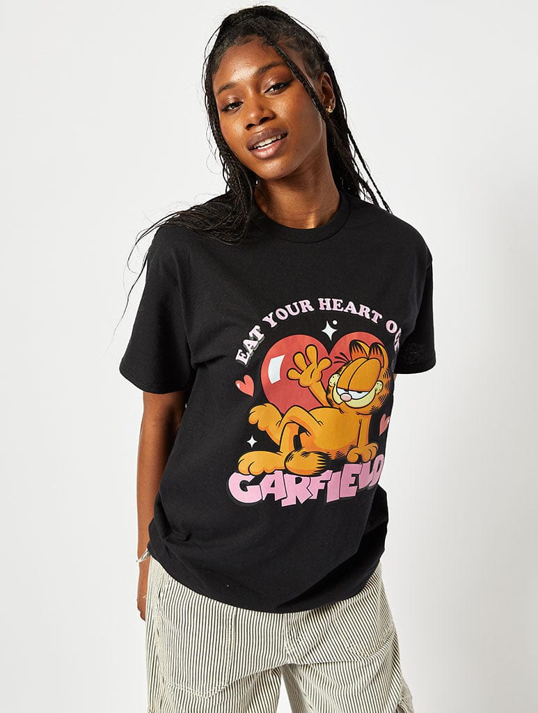 Garfield x Skinnydip Eat Your Heart Out T-Shirt in Black Tops & T-Shirts Skinnydip London