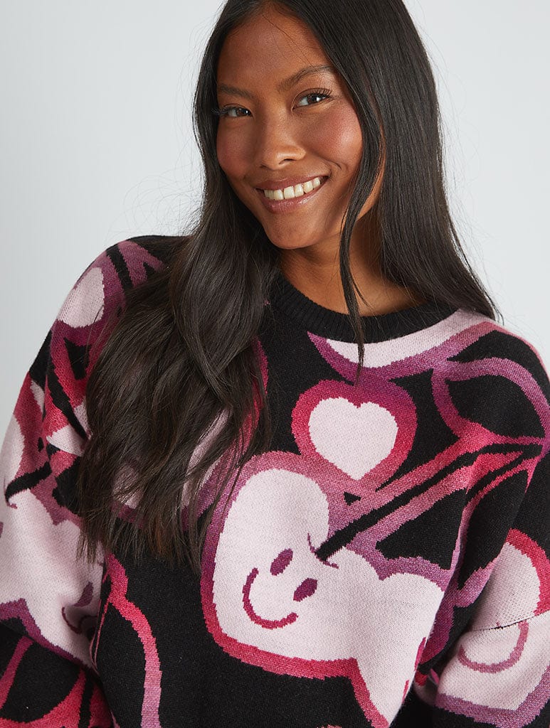 Happy Cherries Knitted Jumper in Black & Pink Jumpers & Cardigans Skinnydip London