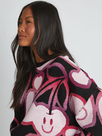 Happy Cherries Knitted Jumper in Black & Pink Jumpers & Cardigans Skinnydip London
