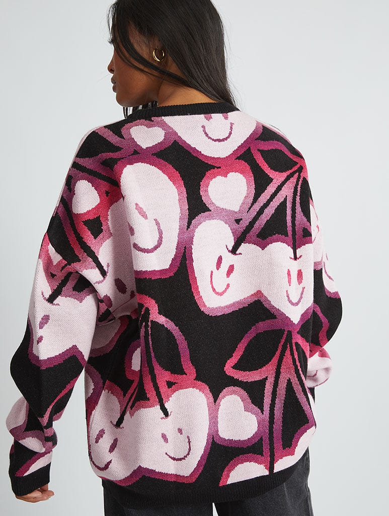 Happy Cherries Knitted Jumper in Black & Pink Jumpers & Cardigans Skinnydip London