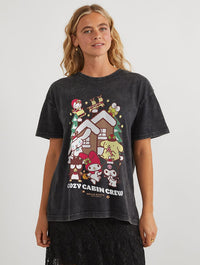 Hello Kitty x Skinnydip Cosy Cabin Crew T-Shirt In Acid Wash Tops & T-Shirts Skinnydip London