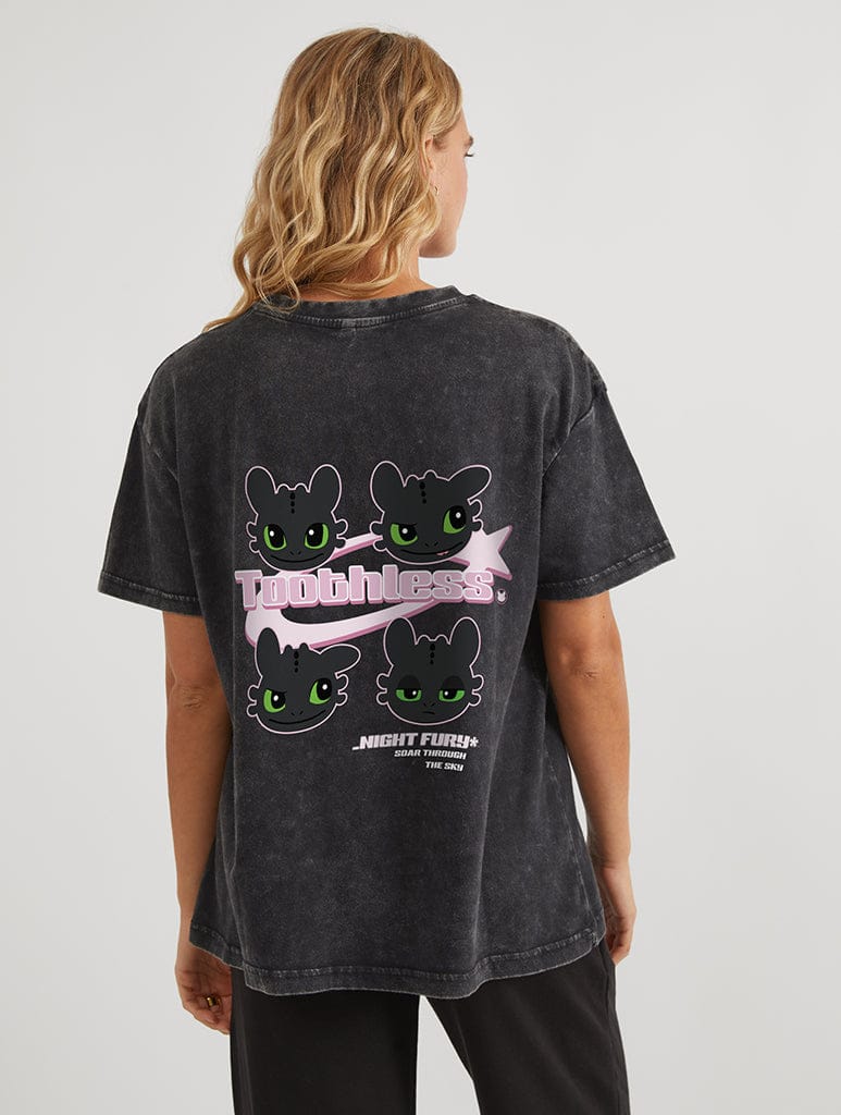 How To Train Your Dragon x Skinnydip Toothless T-Shirt In Acid Wash Tops & T-Shirts Skinnydip London