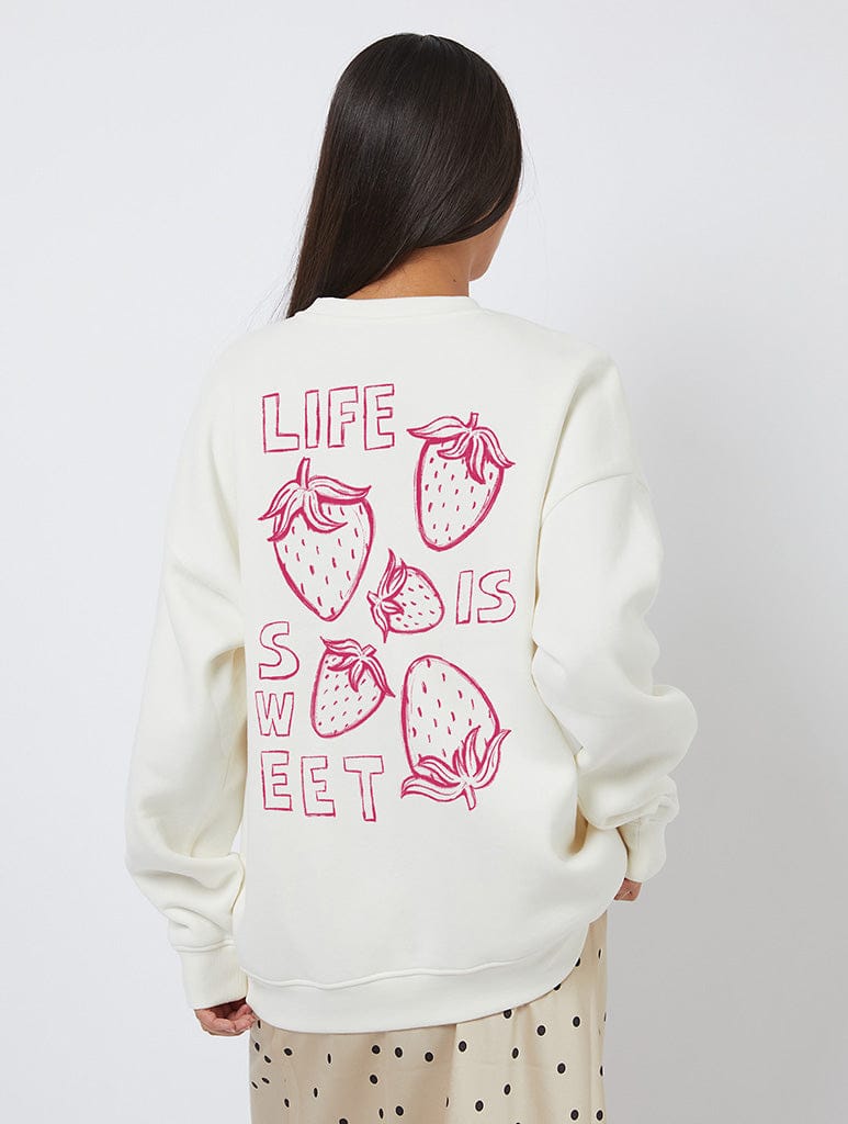 Life Is Sweet Strawberry Sweatshirt In White | Strawberry Graphic ...