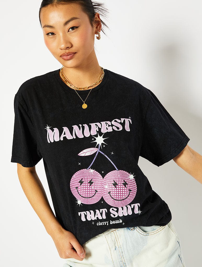 Manifest That Shit Acid Wash Oversized T-Shirt Tops & T-Shirts Skinnydip London