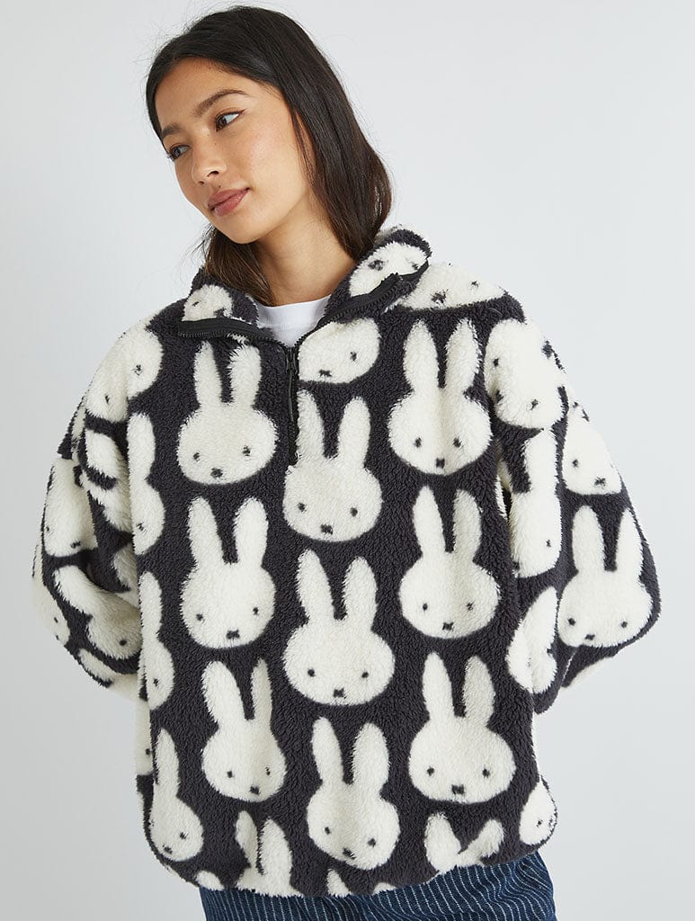 Miffy x Skinnydip Repeat Print Longline Fleece in Black and White Coats & Jackets Skinnydip London