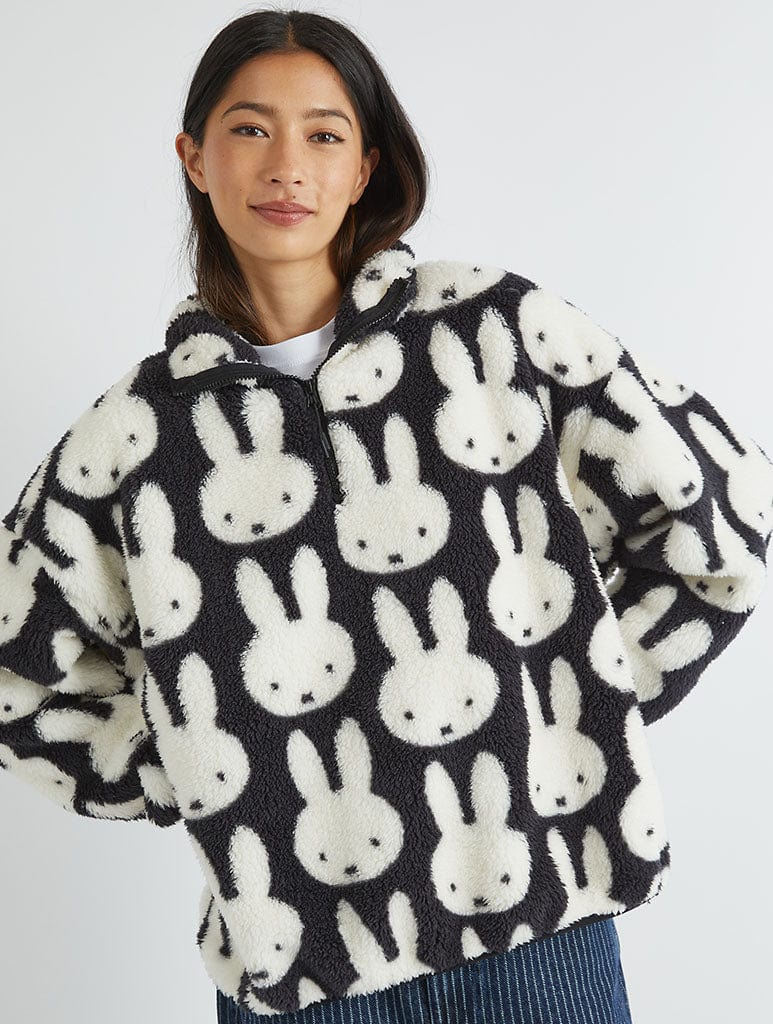 Miffy x Skinnydip Repeat Print Longline Fleece in Black and White Coats & Jackets Skinnydip London
