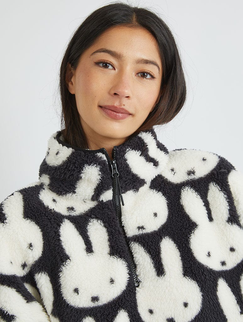 Miffy x Skinnydip Repeat Print Longline Fleece in Black and White Coats & Jackets Skinnydip London