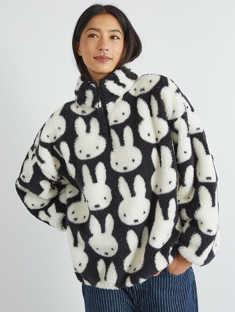 Miffy x Skinnydip Repeat Print Longline Fleece in Black and White Coats & Jackets Skinnydip London