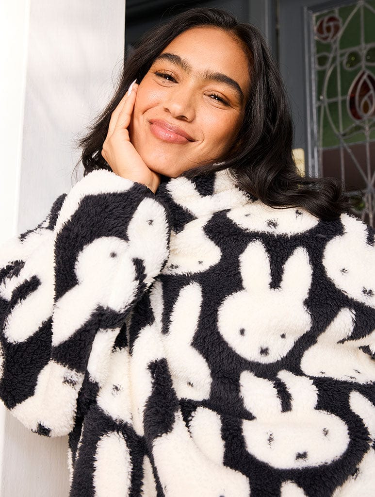 Miffy x Skinnydip Repeat Print Longline Fleece in Black and White Coats & Jackets Skinnydip London
