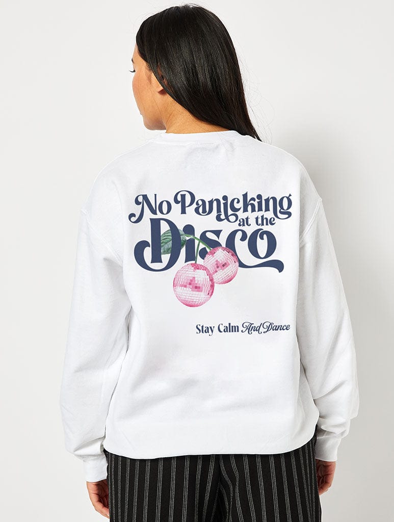 No Panicking At The Disco Sweatshirt In White Hoodies & Sweatshirts Skinnydip London