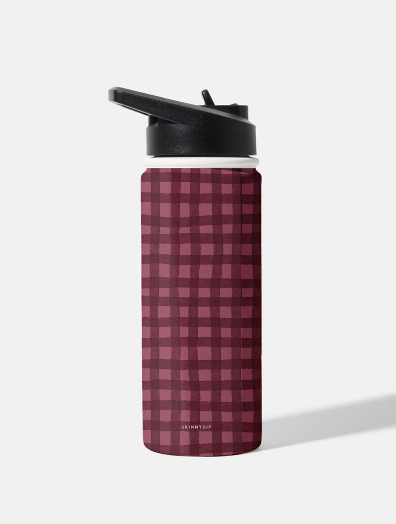 Painted Gingham Burgundy 18oz Stainless Steel Water bottle Water Bottles Skinnydip London