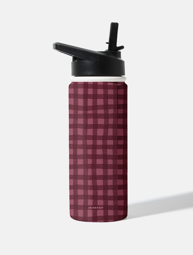 Painted Gingham Burgundy 18oz Stainless Steel Water bottle Water Bottles Skinnydip London
